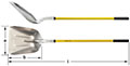 Horizontal image of a long yellow fiberglass handled shovel with a large scoop blade from two different angles. The first angle is a side view, and the second one is a top view.  AMPCO is written on the yellow handle, just above the blade neck.